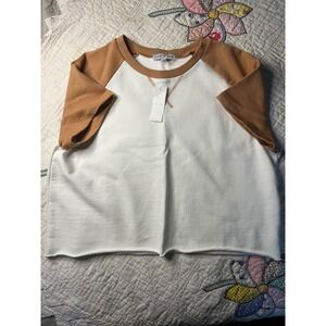 Fitz + Eddi Womens Raglan Short Sleeve Cropped Sweatshirt Cream Brown XL NEW